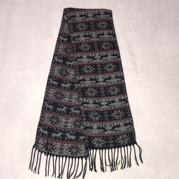 Winter Scarf with Deer Red/Black/White 76“ Long with Fringe - Picture 3 of 7